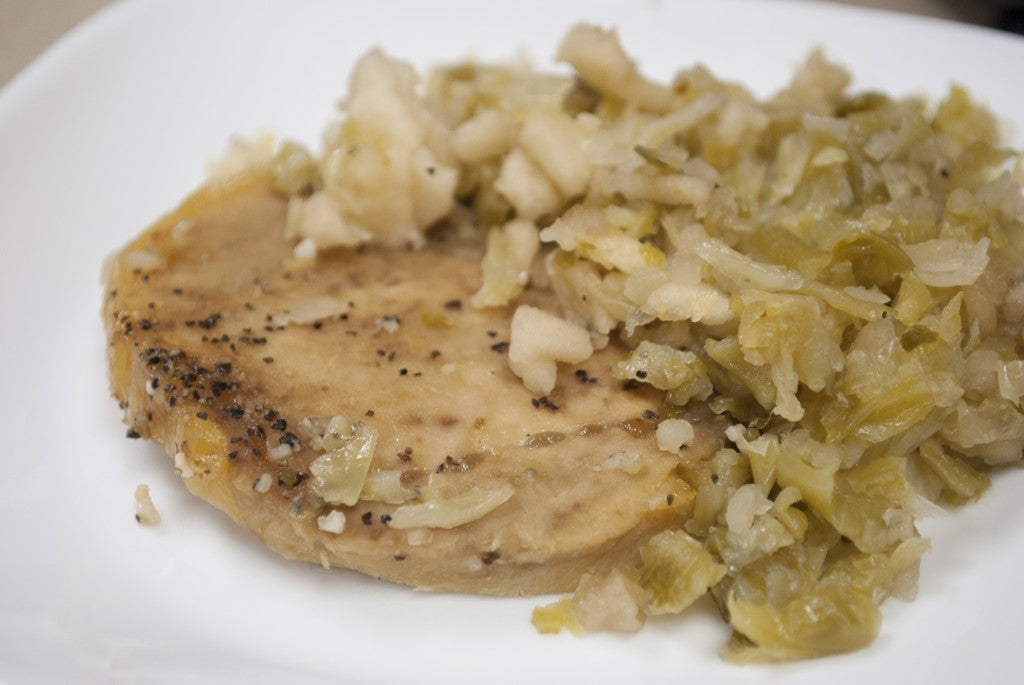 Solar Oven Pork Chops with Apple Pear Cabbage
