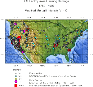 Damaging Earthquakes in the US (1750-1996) - Earthquake Myth