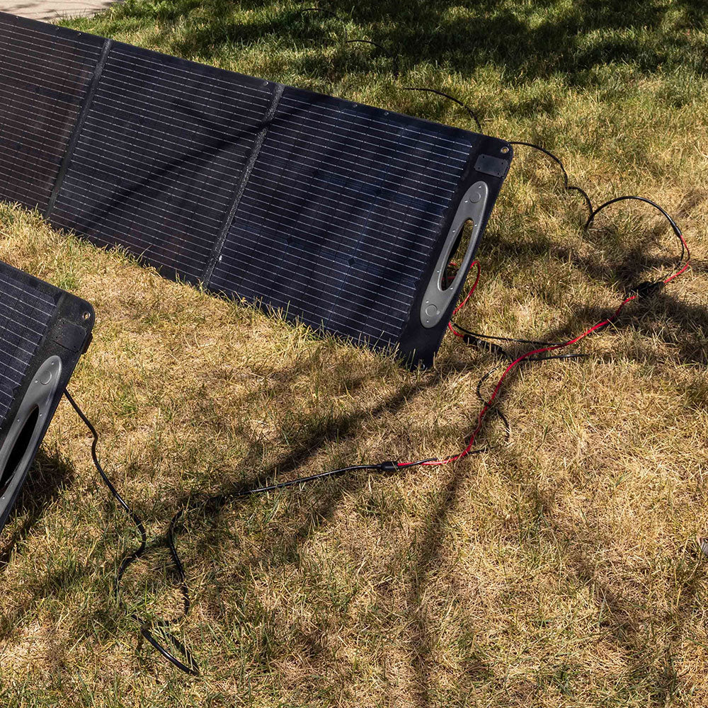 Solar panels connected with 75-Foot Extension Cord for the 2200 & 3300 Solar Generators by Grid Doctor