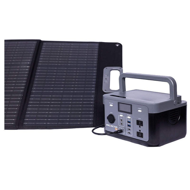 300 Solar Generator by Grid Doctor plugged into included solar panel (7340714295436)