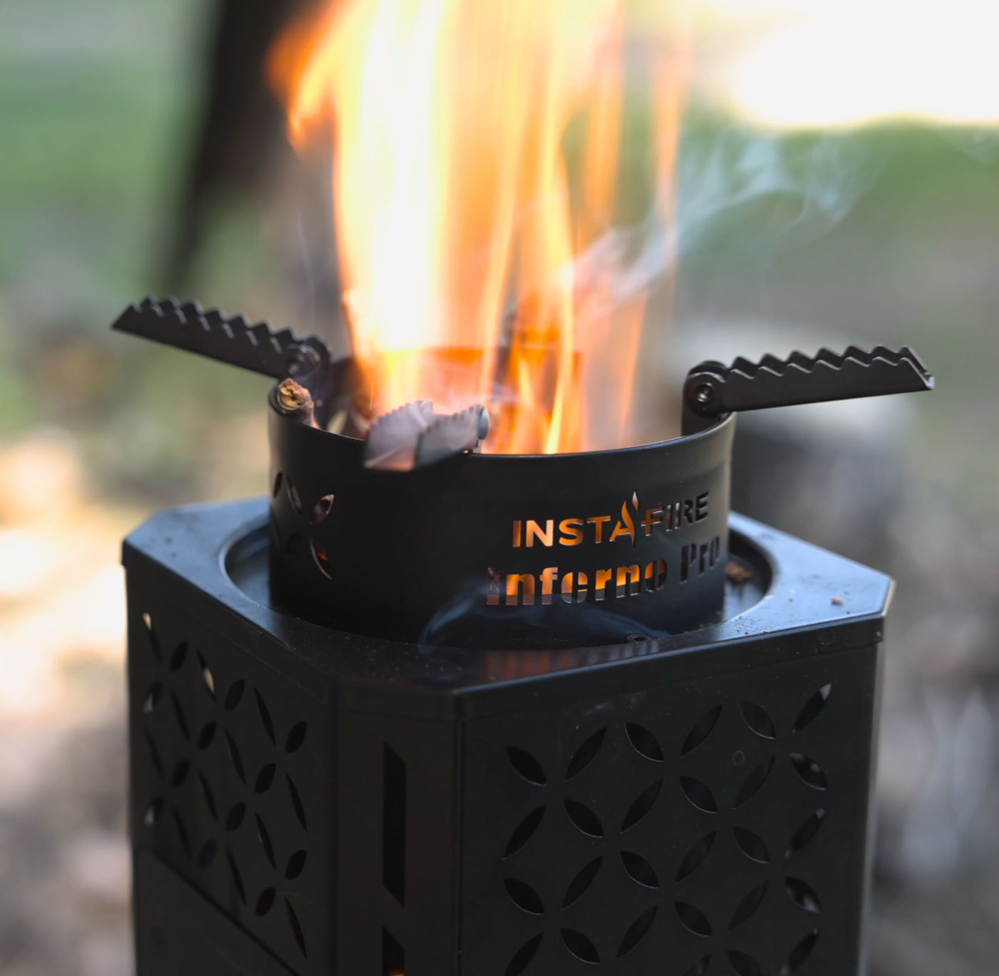 InstaFire Inferno Pro Outdoor Biomass Stove large flame in outdoor setting