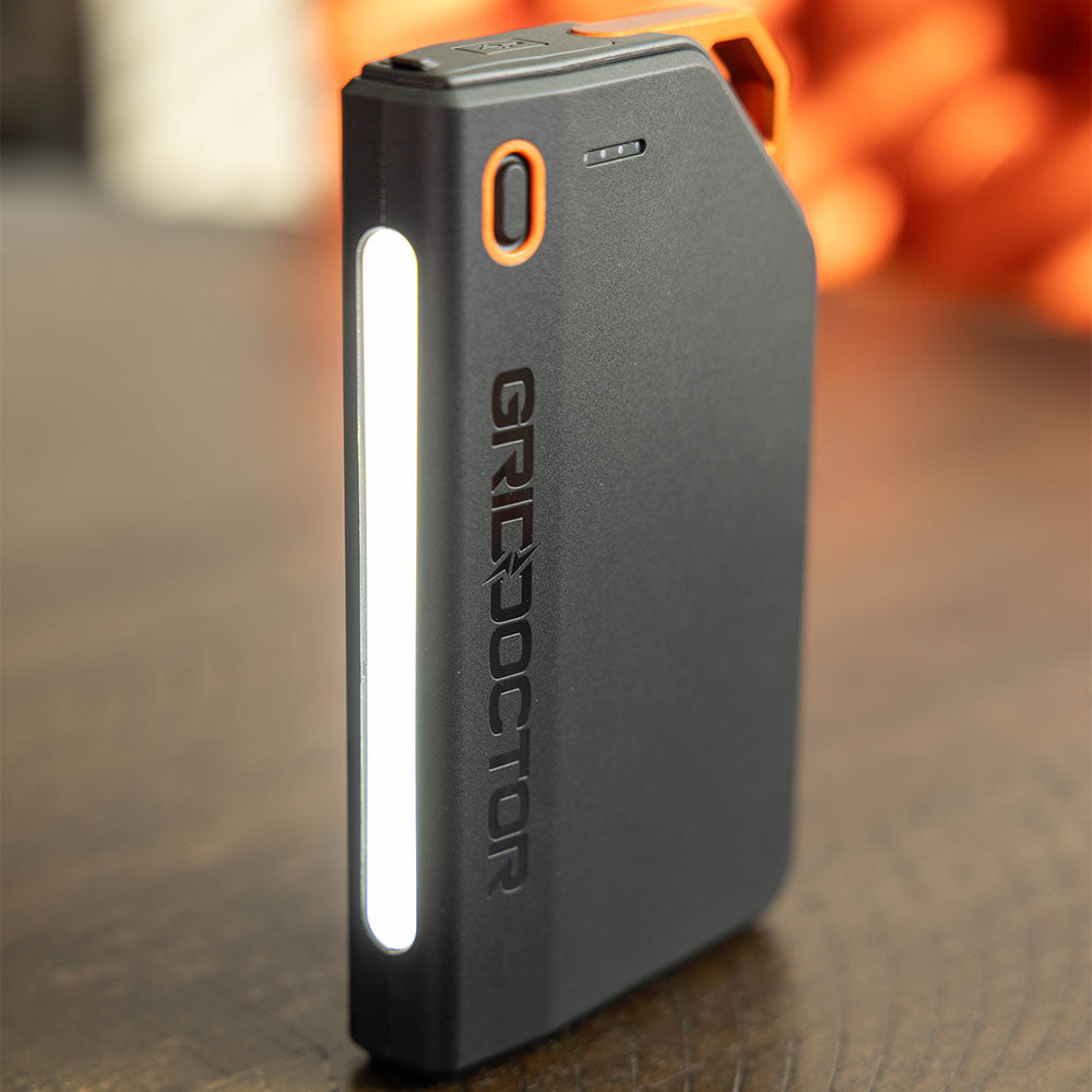 65W Power Bank by Grid Doctor view of side flashlight