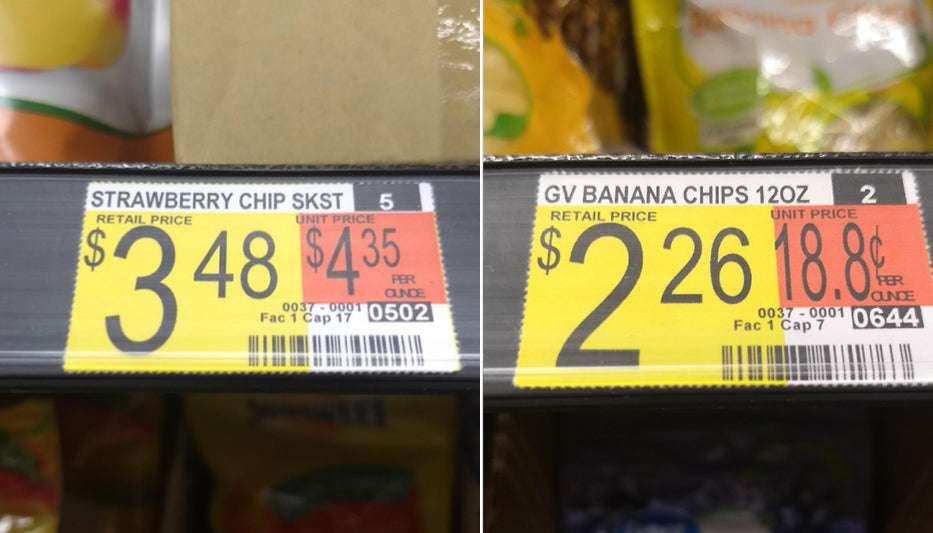 Strawberry and banana price tags