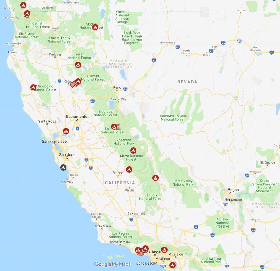 Map of Current Wild Fires in California