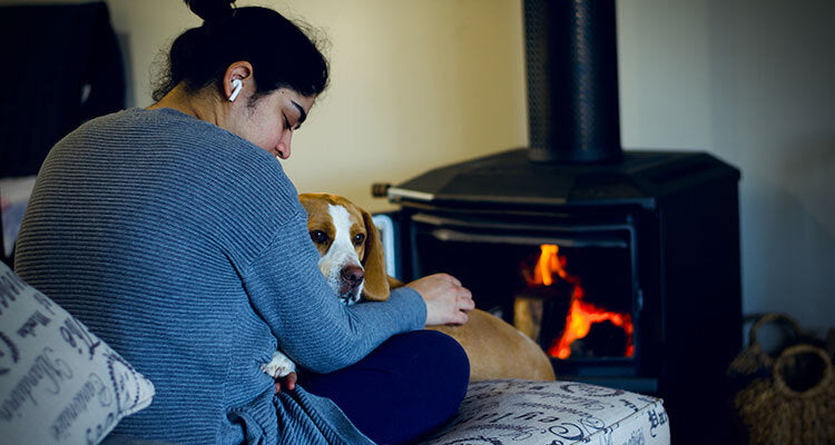 huddling on the couch with a dog in front of the fire