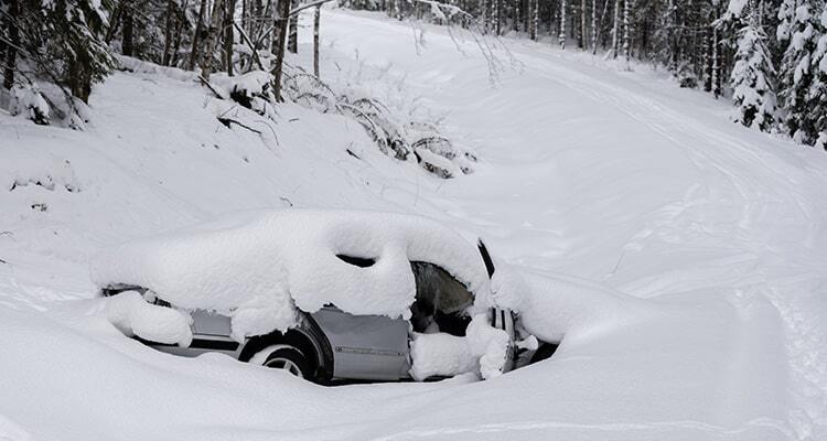 Car in forest covered in snow