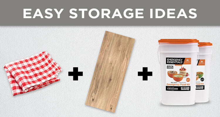 Easy storage ideas, tablecloth, wood, and emergency food buckets