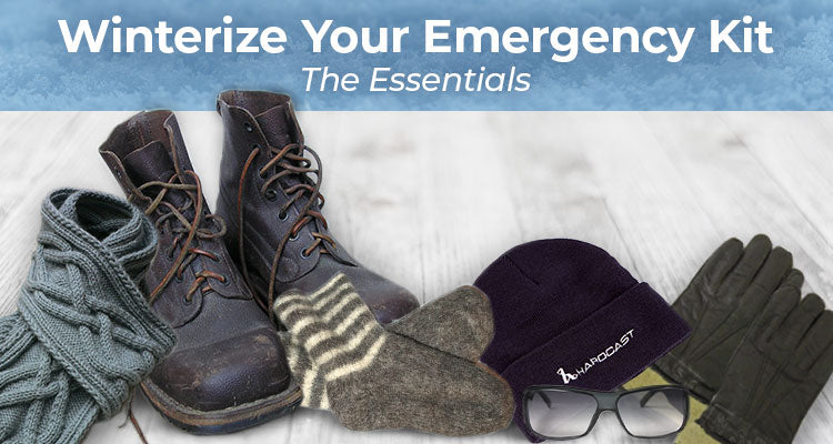 Winterize your emergency kit with boots, scarf, gloves, sunglasses, beanie